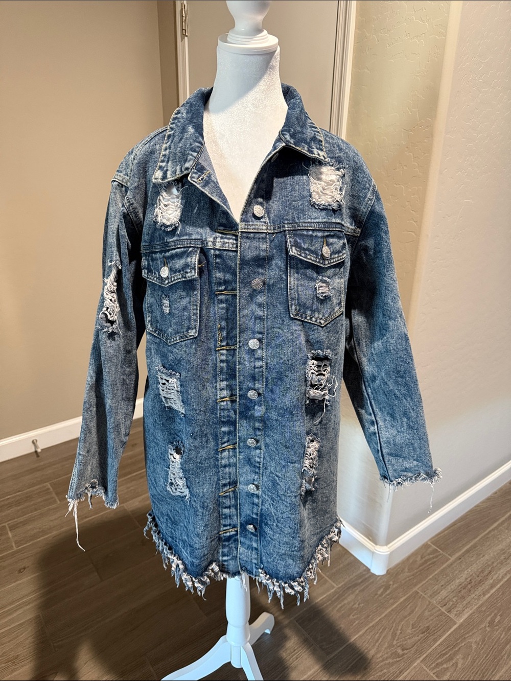 Distressed Blue Denim Jean Jacket - Oversized Longline